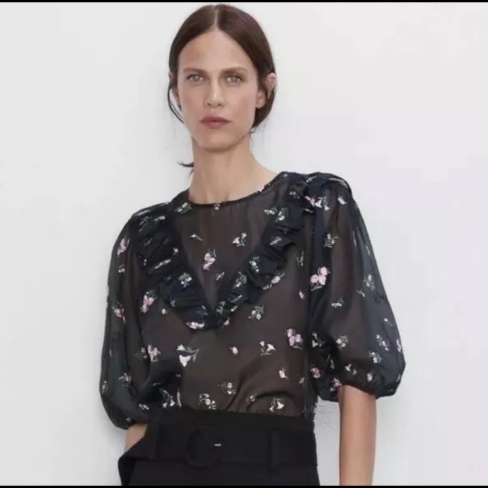 Zara Black Organza Blouse with Ruffle